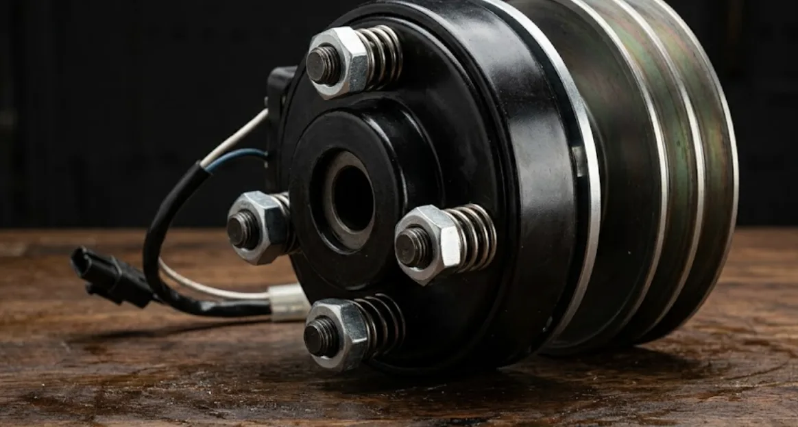 Embrayage électromagnétique de tracteur tondeuse posé sur un établi, poulie, bobine et écrous de réglage d'entrefer visibles