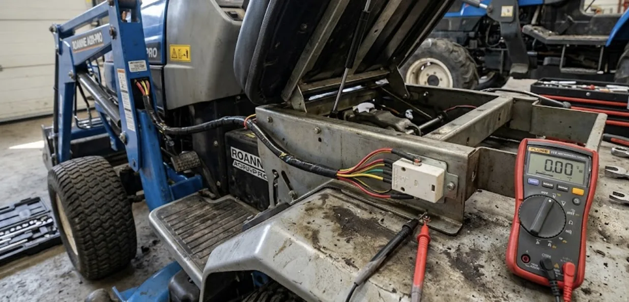 Siège de tracteur tondeuse basculé vers l'avant, contacteur de sécurité et faisceau électrique visibles sous l'assise