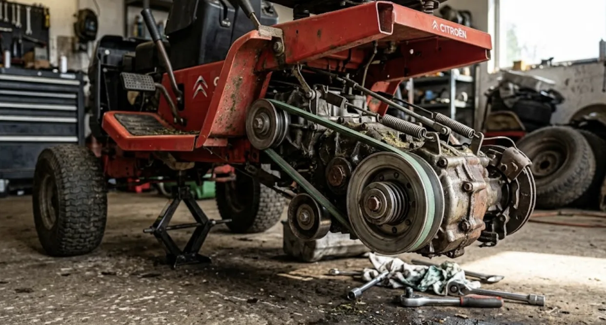 Transmission arrière d'un tracteur tondeuse démonté, courroie et poulie de variateur visibles sous le châssis
