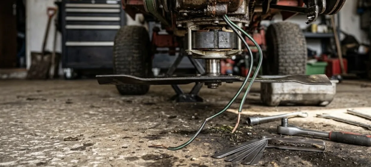 Embrayage électromagnétique de lame sous le châssis d'un tracteur tondeuse, fils débranchés et cale d'épaisseur posée à côté