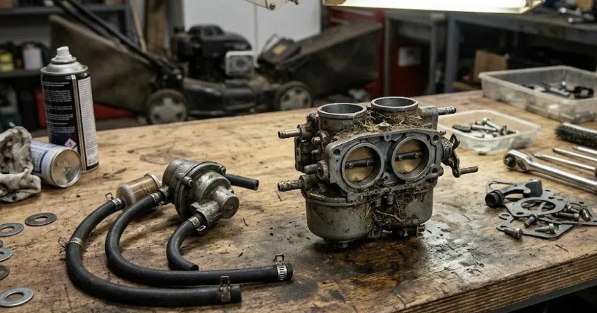 Carburateur double corps de Honda 2417 déposé sur un établi, à côté d'une pompe à essence et de durites