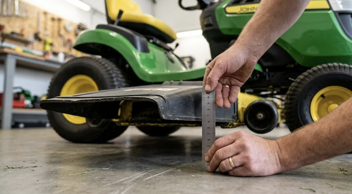 Mesure au réglet de la hauteur d'un plateau de coupe de tracteur tondeuse posé sur un sol béton