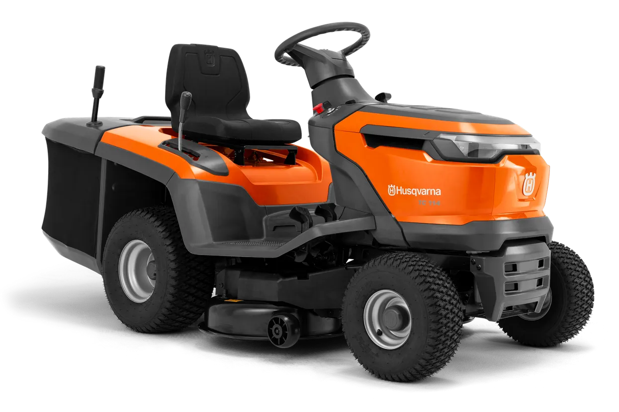 Husqvarna TC 114 vu de profil avec son collecteur d'herbe