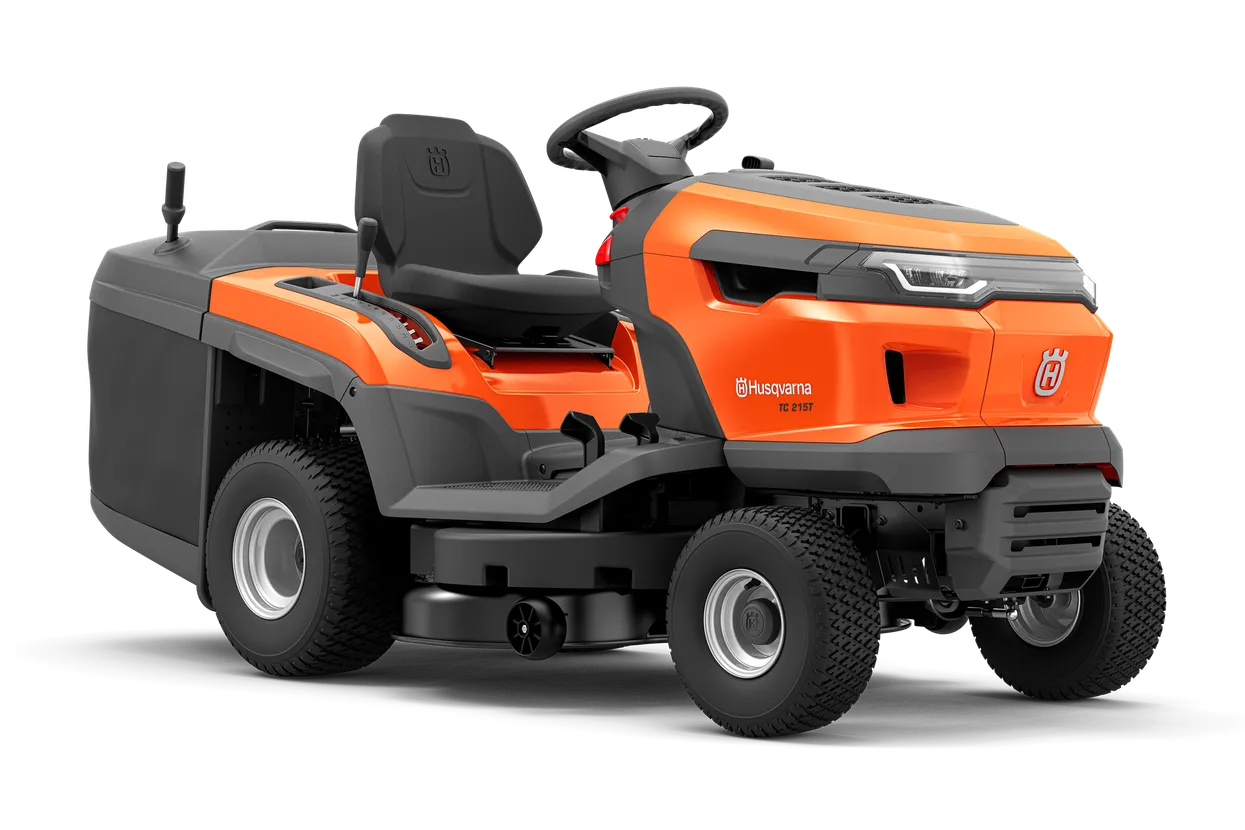 Husqvarna TC 215T vu de profil, carter de coupe et bac de ramassage